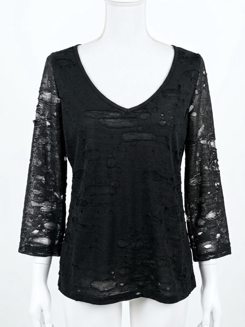 Legatte Made in Italy Black Distressed Sheer Metallic Top 3/4 Sleeve Medium